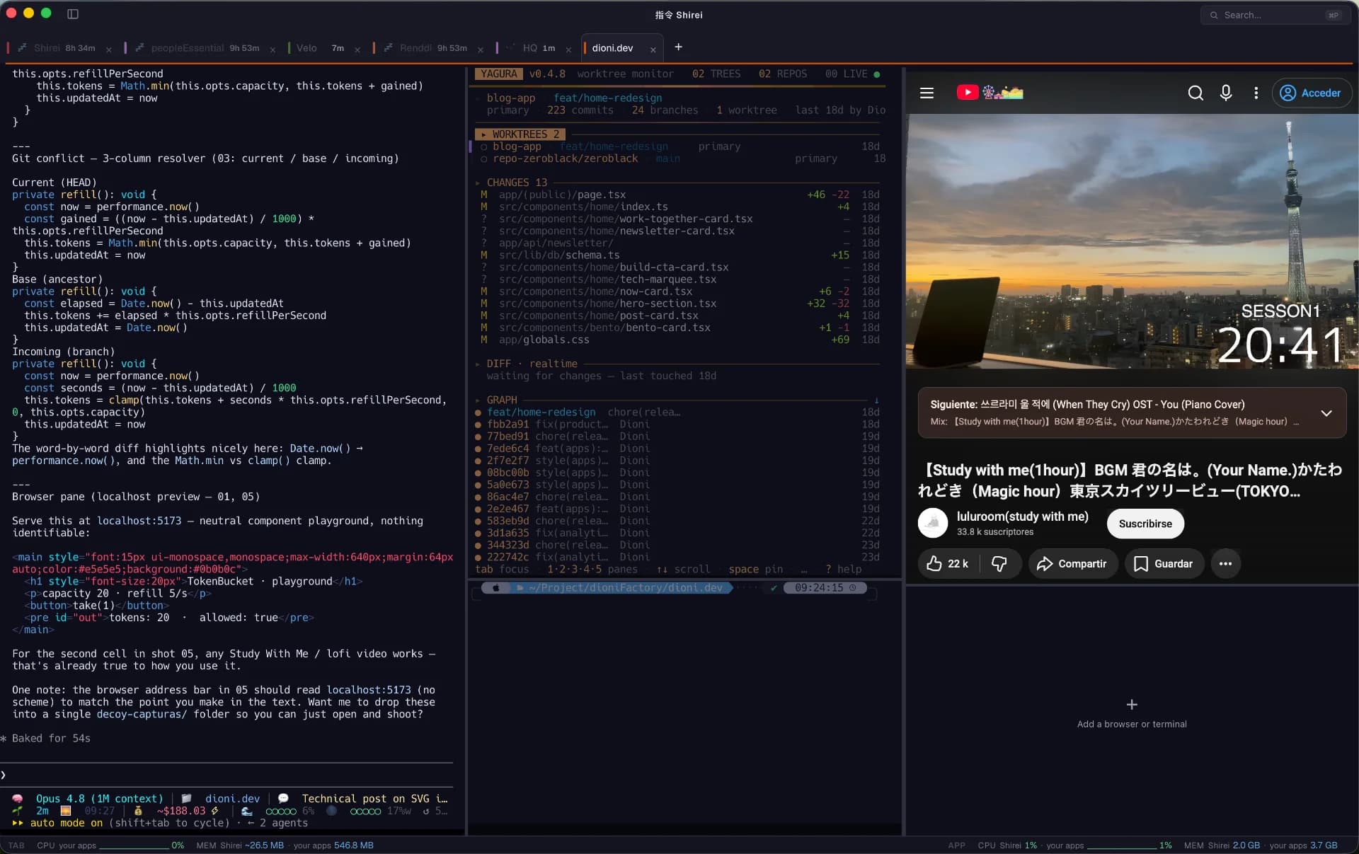 Shirei with the pinned dock active: a live dev server next to the terminal, without switching windows.