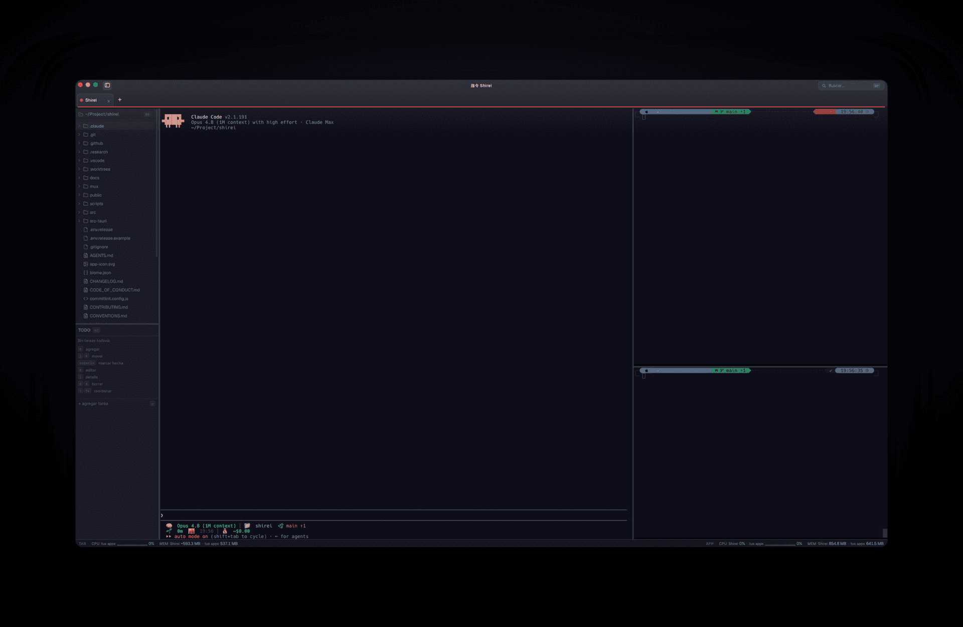 El cockpit de Shirei: una sesión de CLI de IA al centro, con los archivos y paneles alrededor.