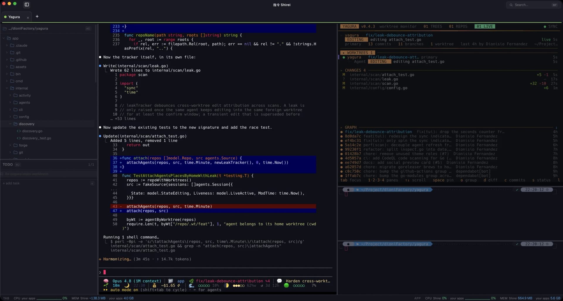 Shirei's cockpit: an AI coding session at the center, with a file tree and a live worktree monitor around it.